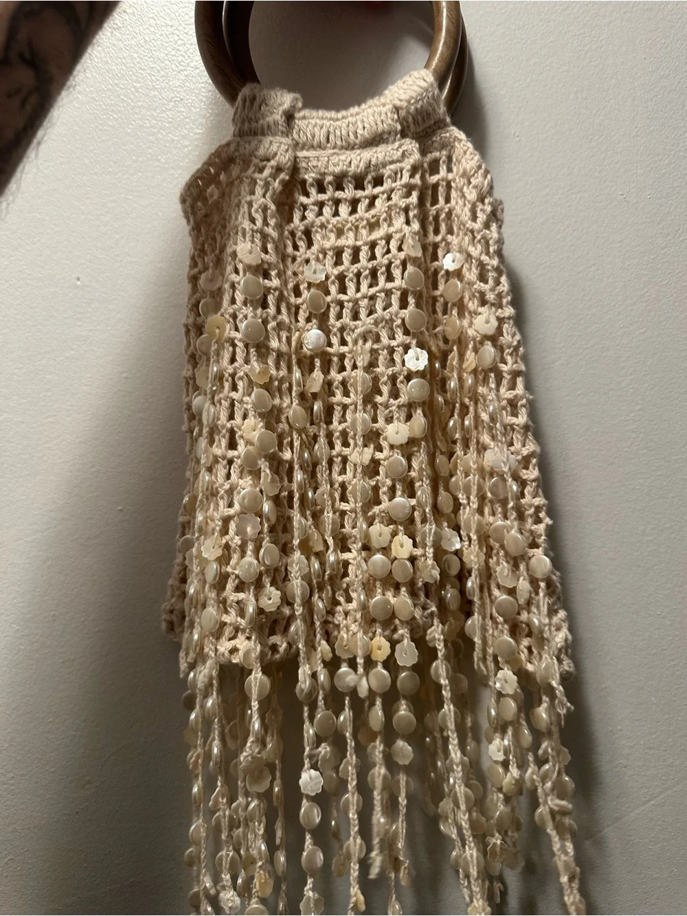 ZARA Beaded Crochet Fringe Bucket Bag Wooden Handles NWT